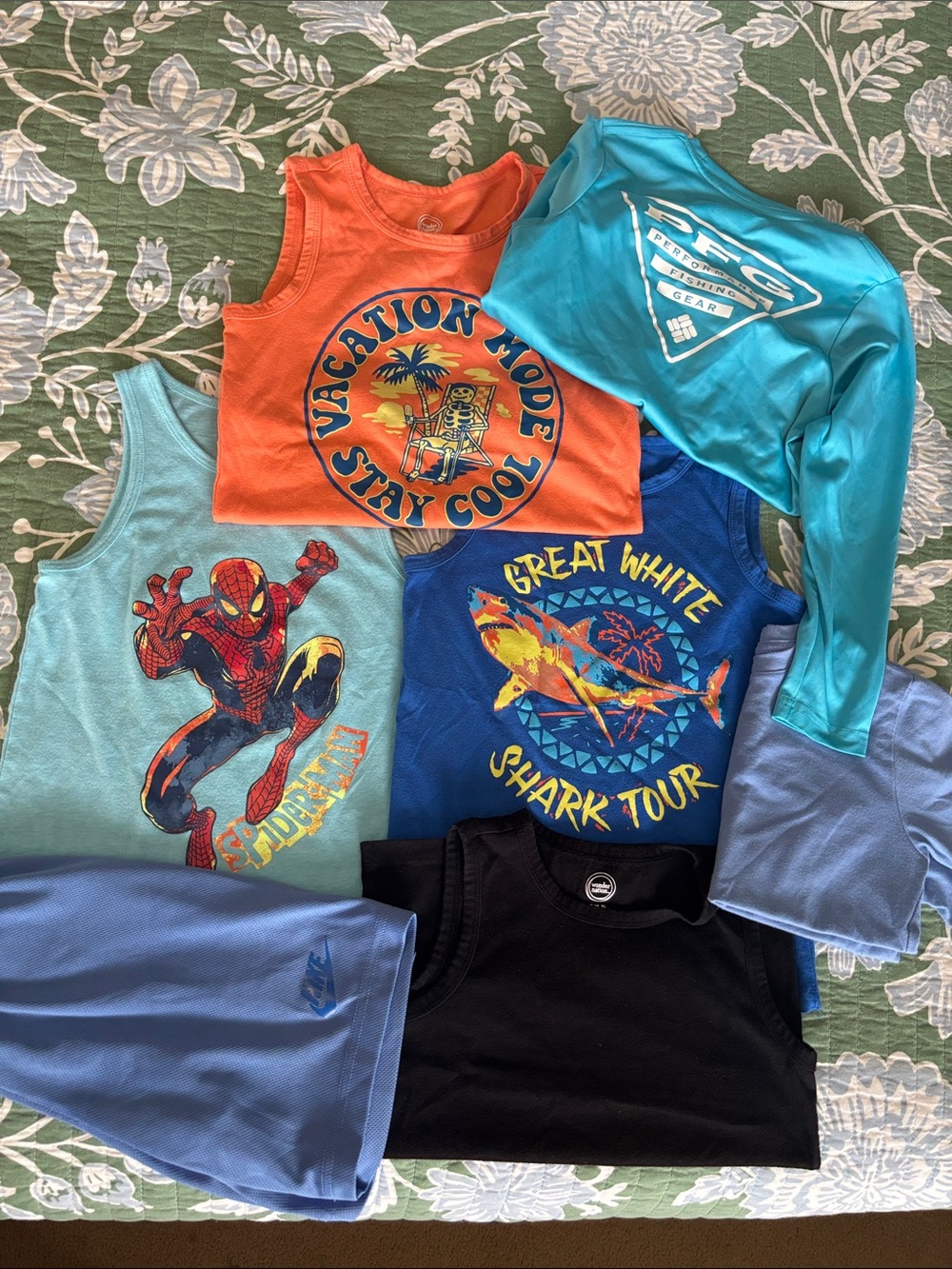 Boys Columbia PFG Rashguard, wonder nation Tanks, Nike shorts, & Marvel tank.